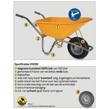 Bouwkruiwagen Basic PE 100 Liter – Geel - Softwiel
