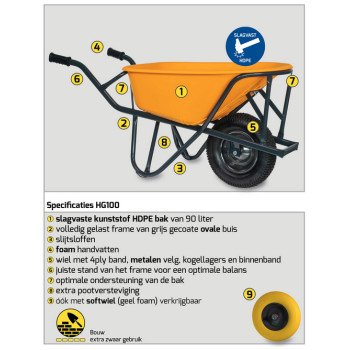 Stratenmakers kruiwagen HDPE 90 Liter - Geel – Softwiel