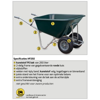 Volumekruiwagen 250L groen – Gegalvaniseerd frame – 2 luchtwielen